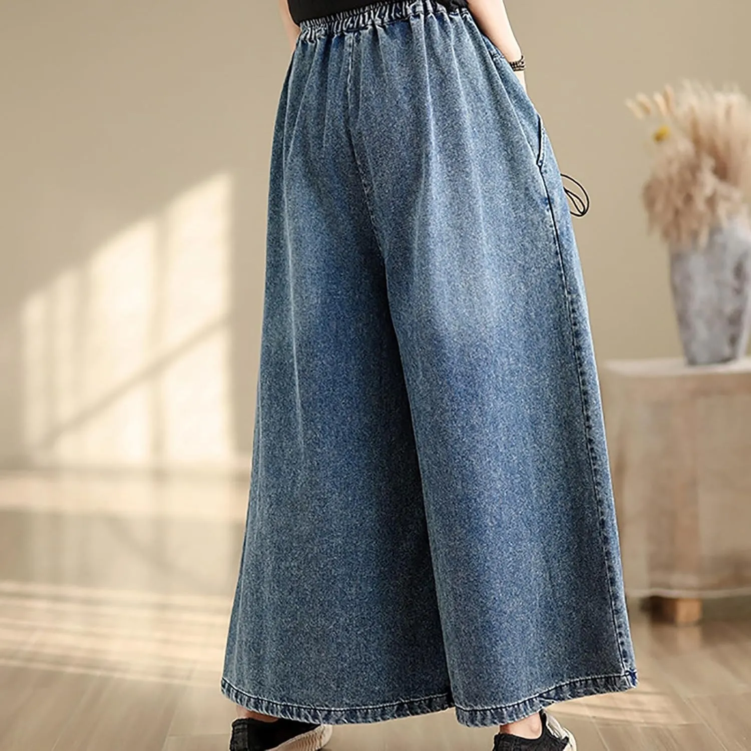 High Waisted Baggy Wide Leg Jeans for Women, Fashion Elastic Waist Casual Denim Pants Oversized Relax Fit Trousers