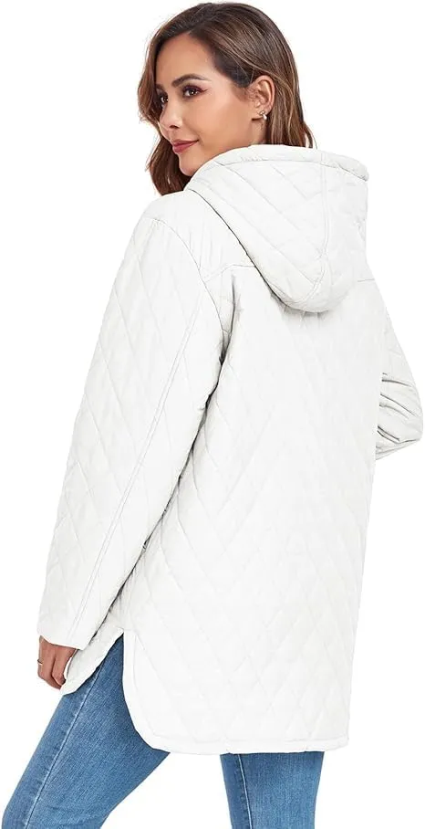 HOTIAN Quilted Jacket for Women Long Puffer Coat Lightweight Hooded Winter Padded Down Jacket Outerwear Coats
