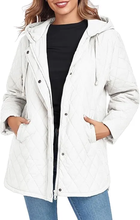 HOTIAN Quilted Jacket for Women Long Puffer Coat Lightweight Hooded Winter Padded Down Jacket Outerwear Coats
