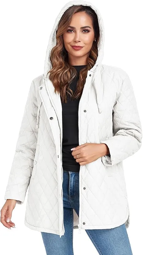 HOTIAN Quilted Jacket for Women Long Puffer Coat Lightweight Hooded Winter Padded Down Jacket Outerwear Coats