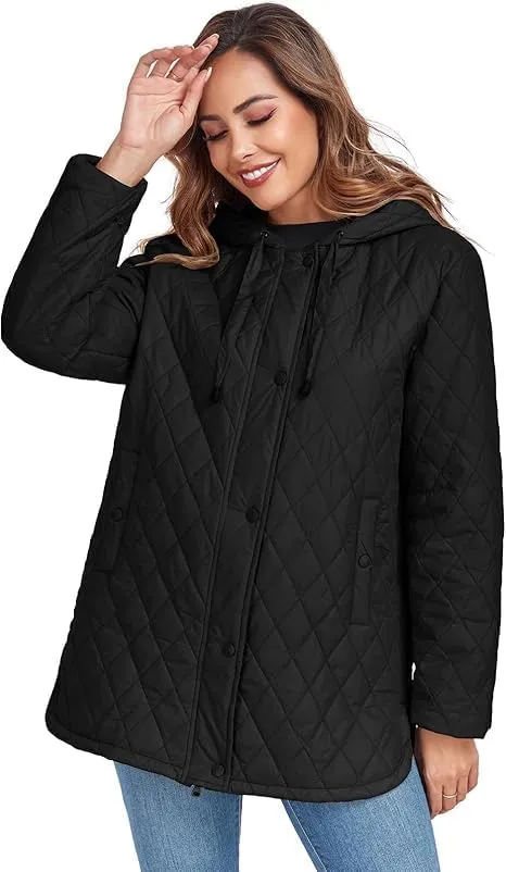 HOTIAN Quilted Jacket for Women Long Puffer Coat Lightweight Hooded Winter Padded Down Jacket Outerwear Coats