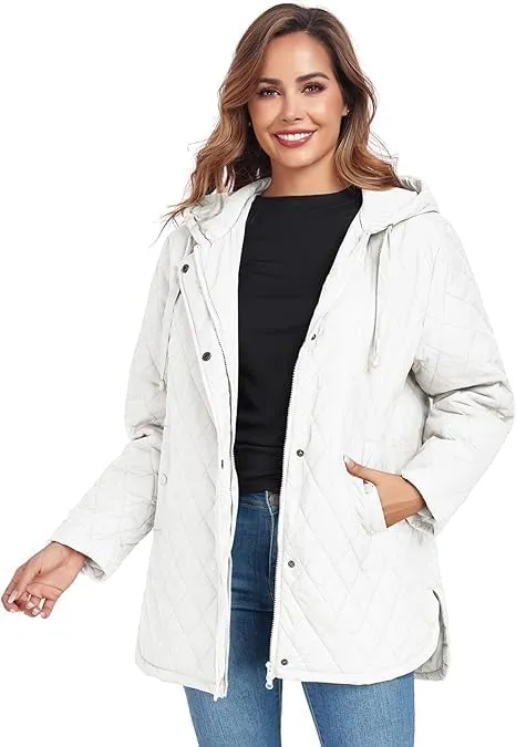 HOTIAN Quilted Jacket for Women Long Puffer Coat Lightweight Hooded Winter Padded Down Jacket Outerwear Coats