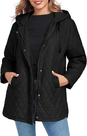 HOTIAN Quilted Jacket for Women Long Puffer Coat Lightweight Hooded Winter Padded Down Jacket Outerwear Coats