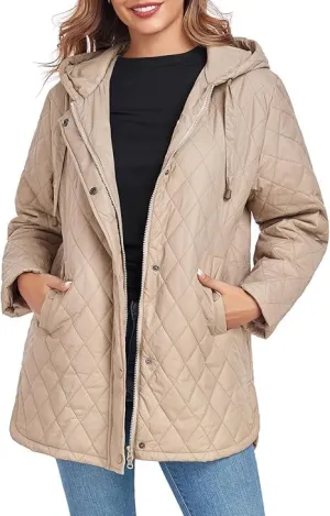 HOTIAN Quilted Jacket for Women Long Puffer Coat Lightweight Hooded Winter Padded Down Jacket Outerwear Coats