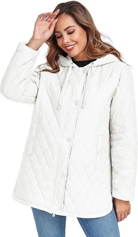 HOTIAN Quilted Jacket for Women Long Puffer Coat Lightweight Hooded Winter Padded Down Jacket Outerwear Coats