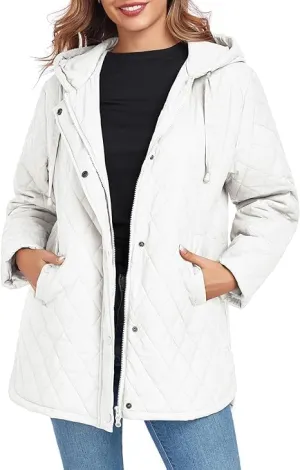 HOTIAN Quilted Jacket for Women Long Puffer Coat Lightweight Hooded Winter Padded Down Jacket Outerwear Coats