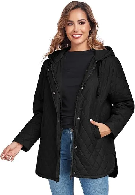 HOTIAN Quilted Jacket for Women Long Puffer Coat Lightweight Hooded Winter Padded Down Jacket Outerwear Coats