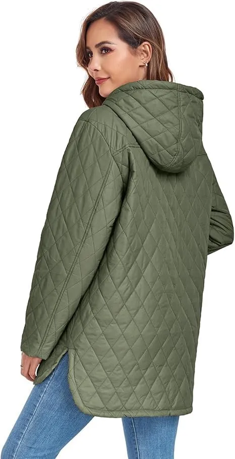 HOTIAN Quilted Jacket for Women Long Puffer Coat Lightweight Hooded Winter Padded Down Jacket Outerwear Coats