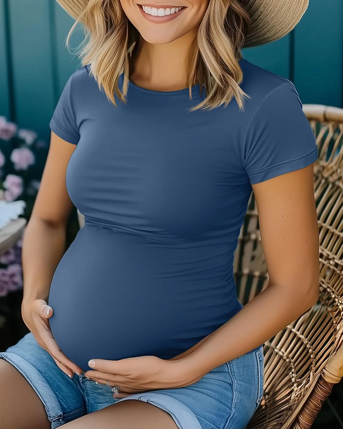 Huukeay 4 Pack Women's Maternity Shirts, Crew Neck Maternity Top Short Sleeve Casual Cotton Tee Side Ruched Pregnancy Clothes