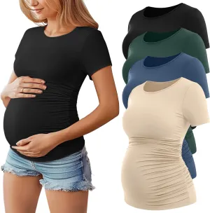Huukeay 4 Pack Women's Maternity Shirts, Crew Neck Maternity Top Short Sleeve Casual Cotton Tee Side Ruched Pregnancy Clothes