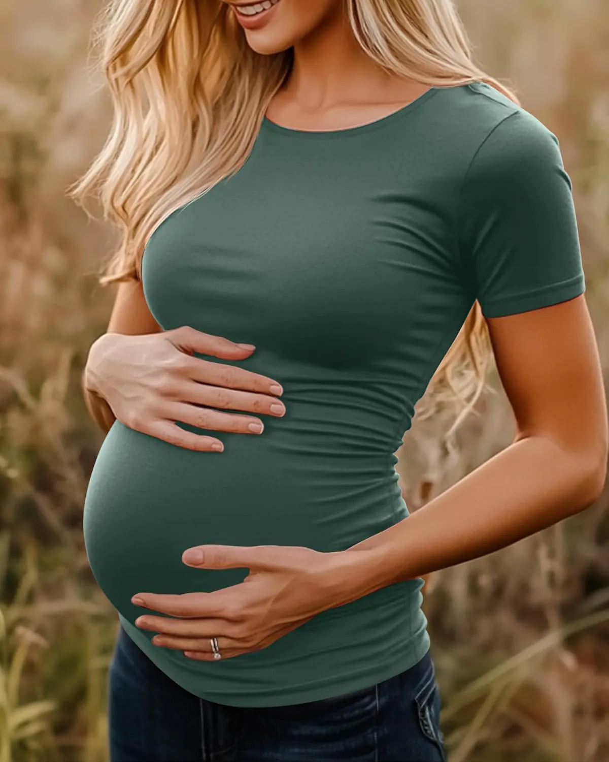 Huukeay 4 Pack Women's Maternity Shirts, Crew Neck Maternity Top Short Sleeve Casual Cotton Tee Side Ruched Pregnancy Clothes