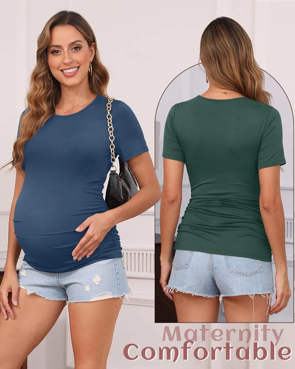Huukeay 4 Pack Women's Maternity Shirts, Crew Neck Maternity Top Short Sleeve Casual Cotton Tee Side Ruched Pregnancy Clothes