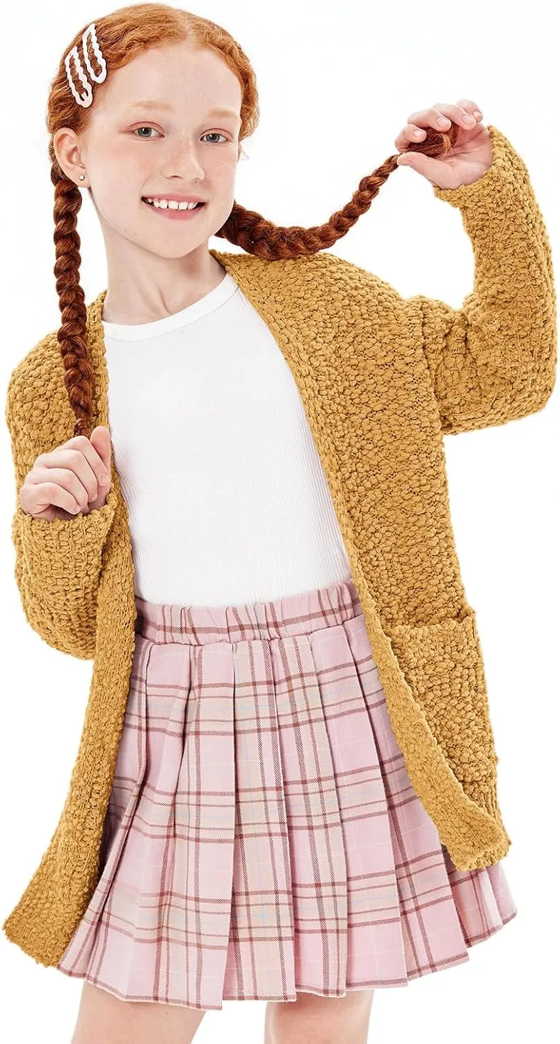 Imily Bela Girls Cardigan Open Front Popcorn Knit Long Sleeve Sweaters Coat with Pockets