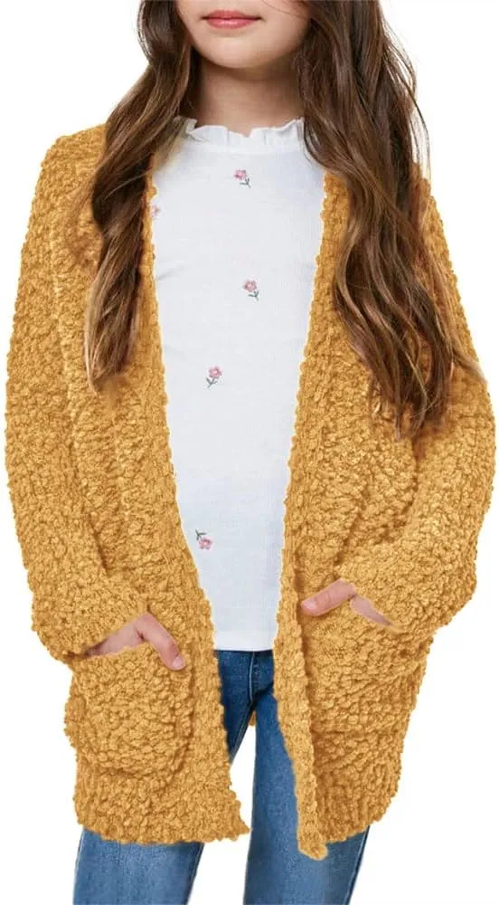 Imily Bela Girls Cardigan Open Front Popcorn Knit Long Sleeve Sweaters Coat with Pockets