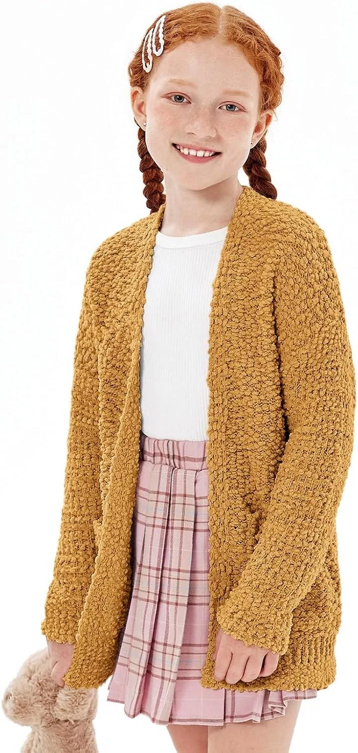 Imily Bela Girls Cardigan Open Front Popcorn Knit Long Sleeve Sweaters Coat with Pockets