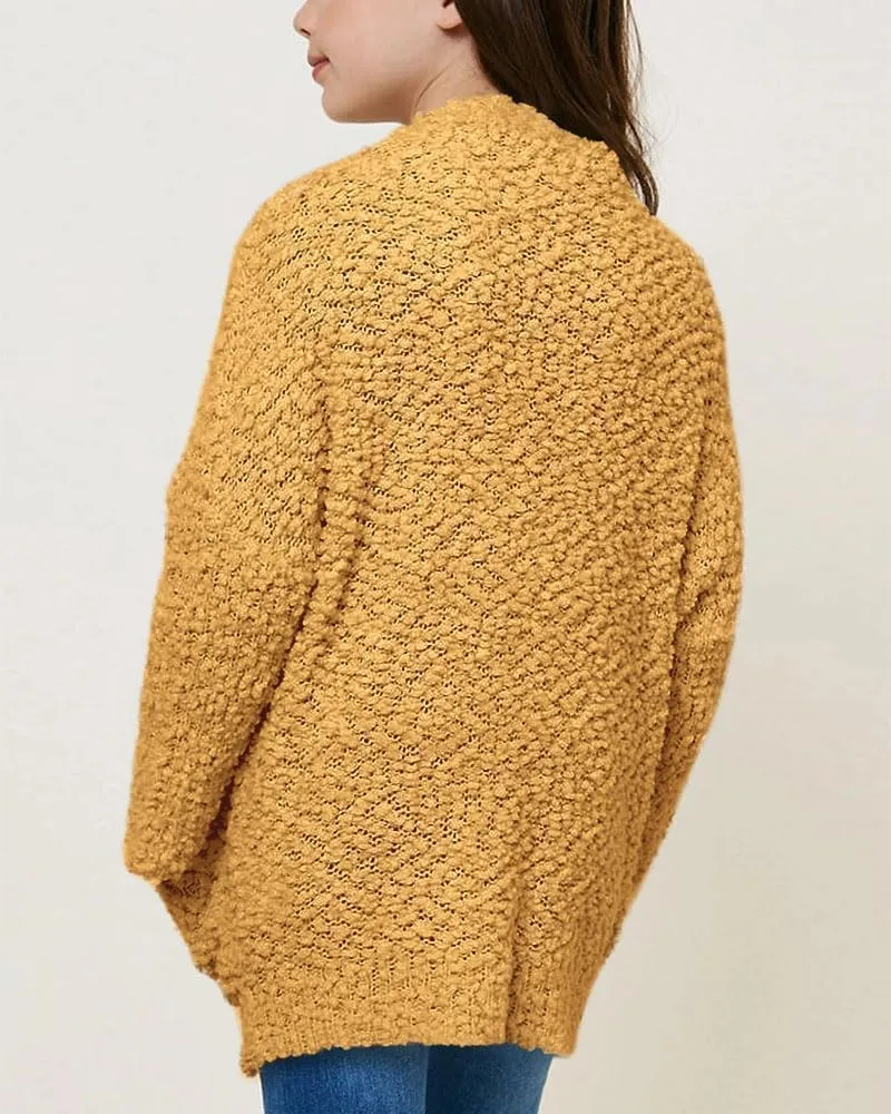 Imily Bela Girls Cardigan Open Front Popcorn Knit Long Sleeve Sweaters Coat with Pockets