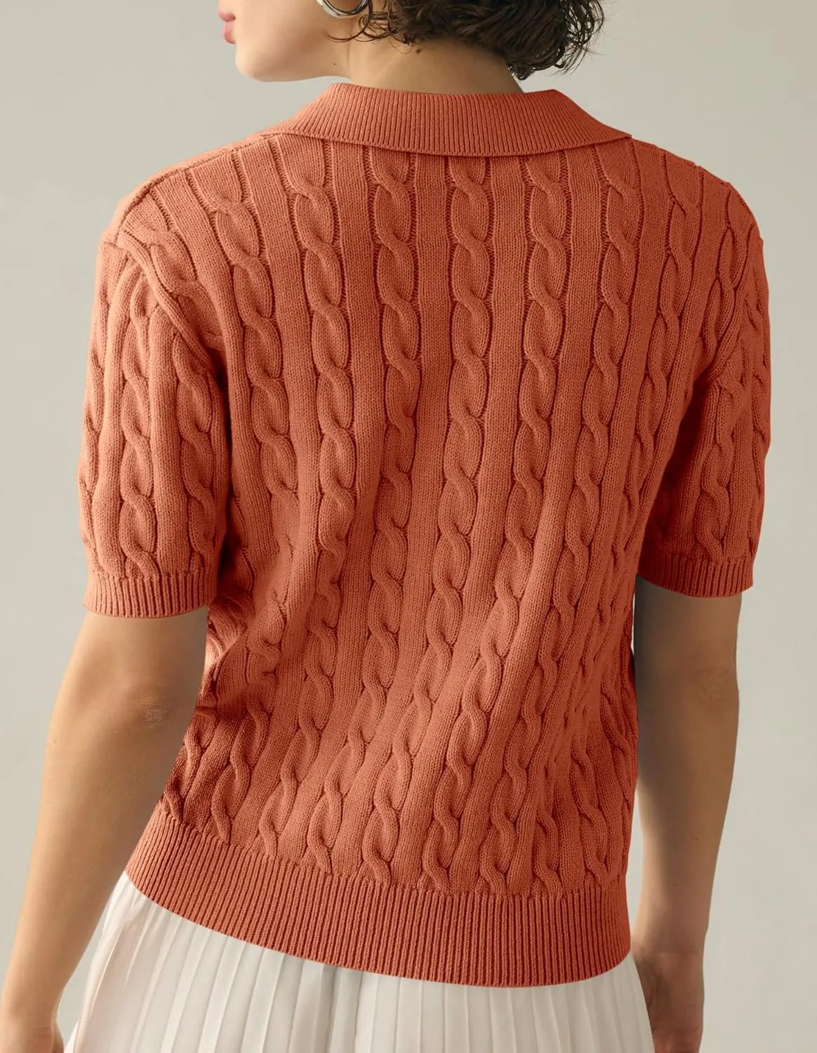 Imily Bela Women's Cable Short Sleeve Sweaters Tops Solid Lapel V Neck Knit Casual Soft Pullover Shirt