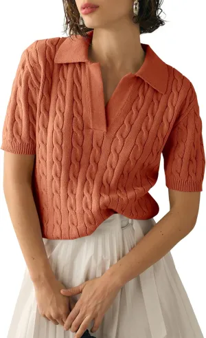 Imily Bela Women's Cable Short Sleeve Sweaters Tops Solid Lapel V Neck Knit Casual Soft Pullover Shirt