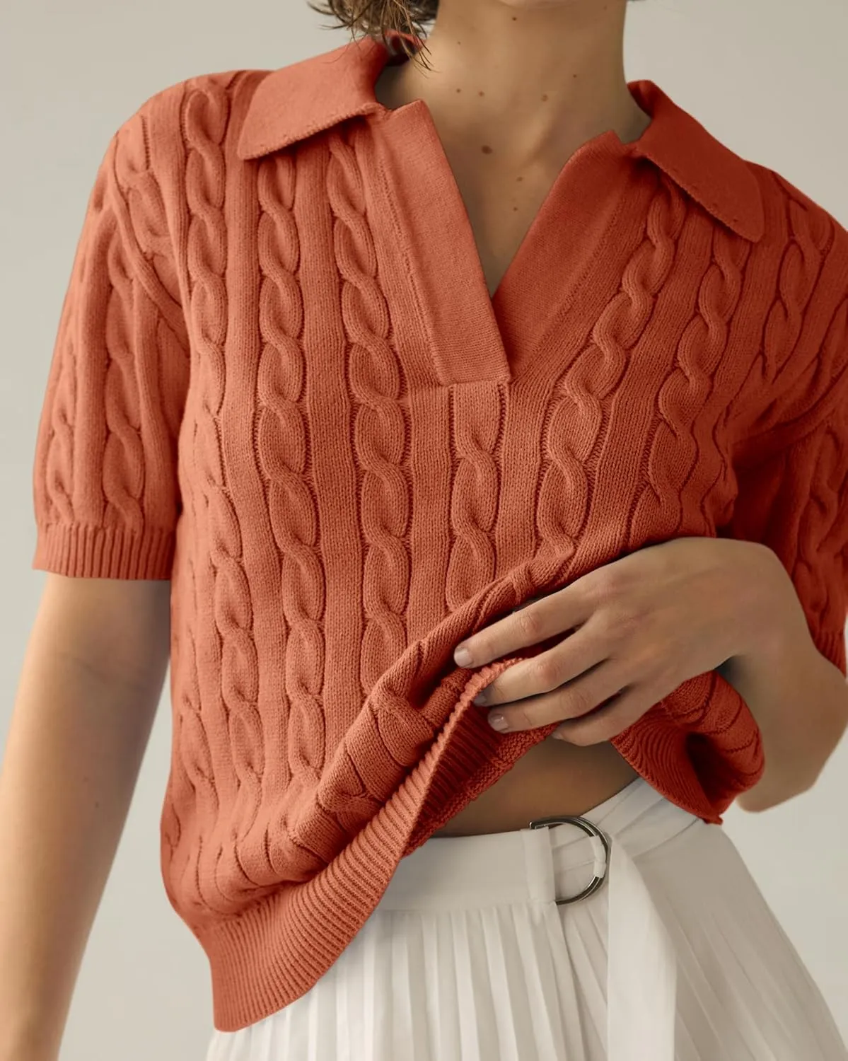 Imily Bela Women's Cable Short Sleeve Sweaters Tops Solid Lapel V Neck Knit Casual Soft Pullover Shirt