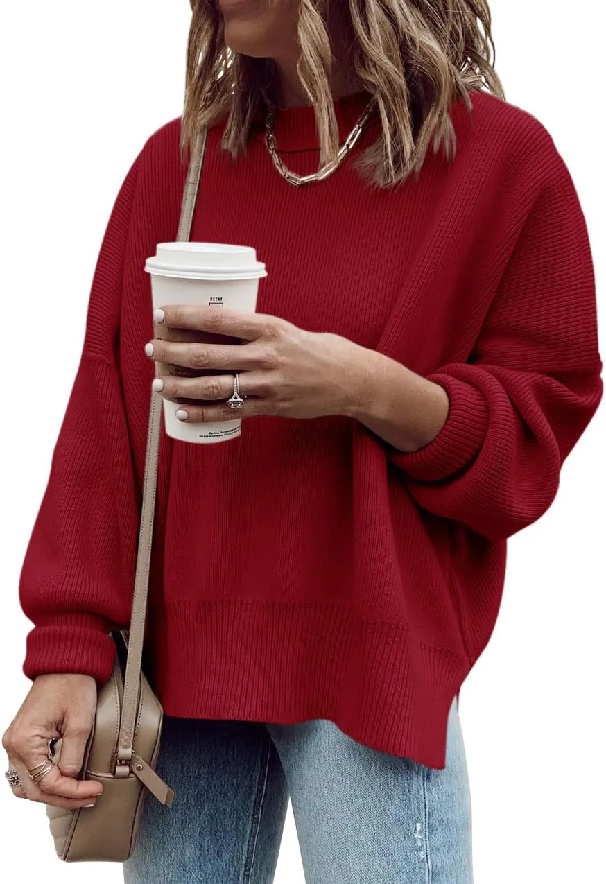 Imily Bela Womens Oversized Tunic Sweaters Fall Slouchy Long Sleeve Ribbed Knit Side Slit Pullover Jumper