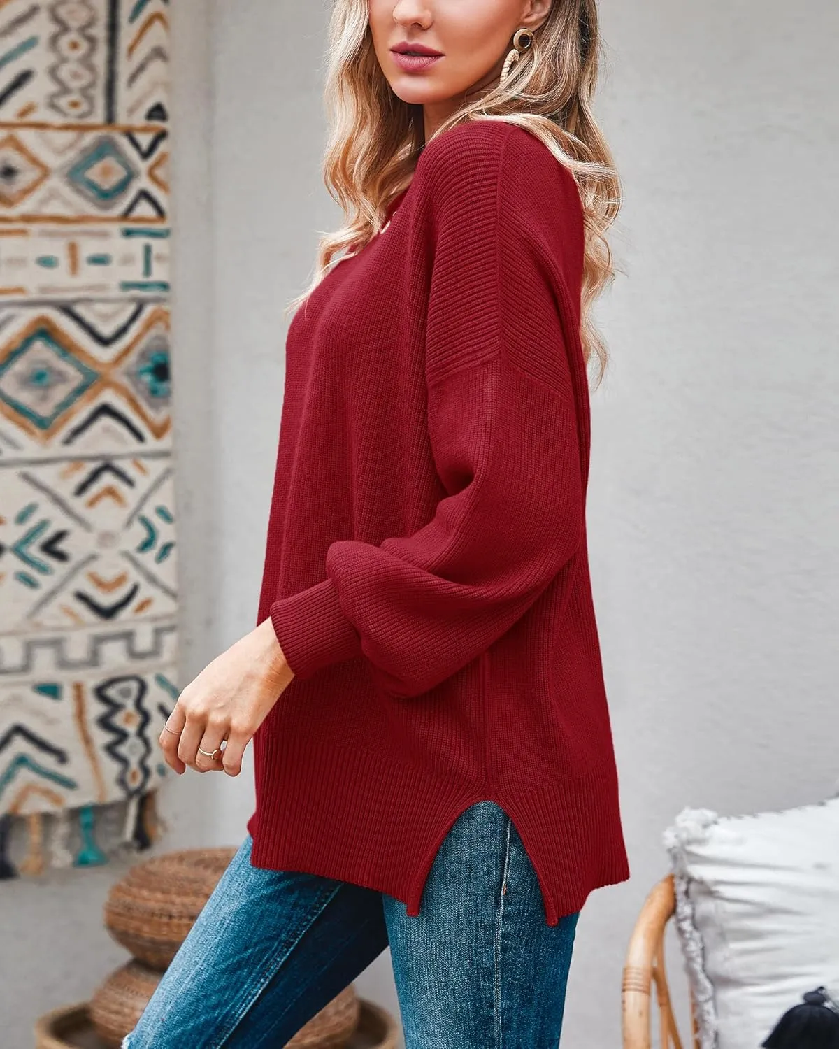 Imily Bela Womens Oversized Tunic Sweaters Fall Slouchy Long Sleeve Ribbed Knit Side Slit Pullover Jumper