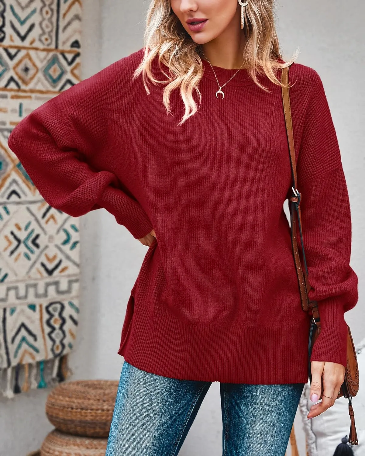 Imily Bela Womens Oversized Tunic Sweaters Fall Slouchy Long Sleeve Ribbed Knit Side Slit Pullover Jumper