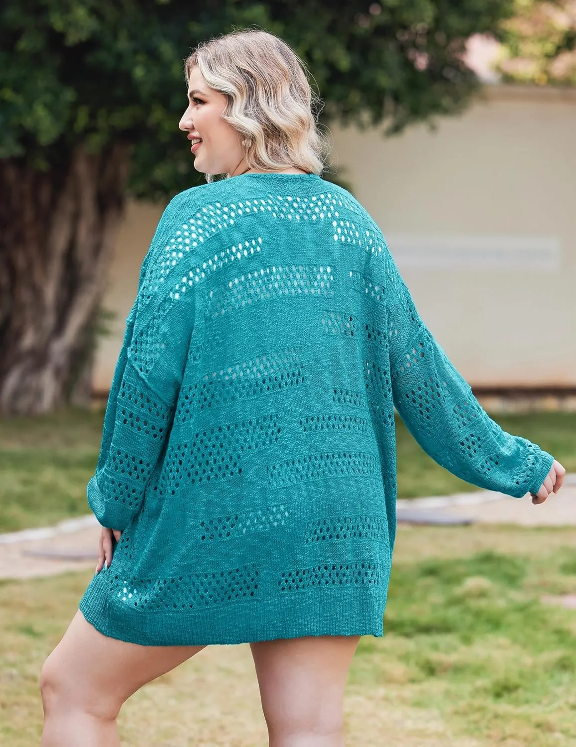 IN'VOLAND Womens Plus Size Crochet Cardigan Kimonos Boho Long Sleeve Oversized Summer Open Front Knitted Sweater