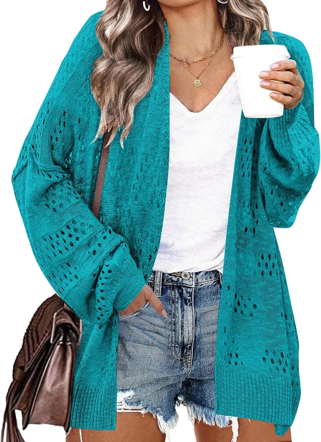 IN'VOLAND Womens Plus Size Crochet Cardigan Kimonos Boho Long Sleeve Oversized Summer Open Front Knitted Sweater