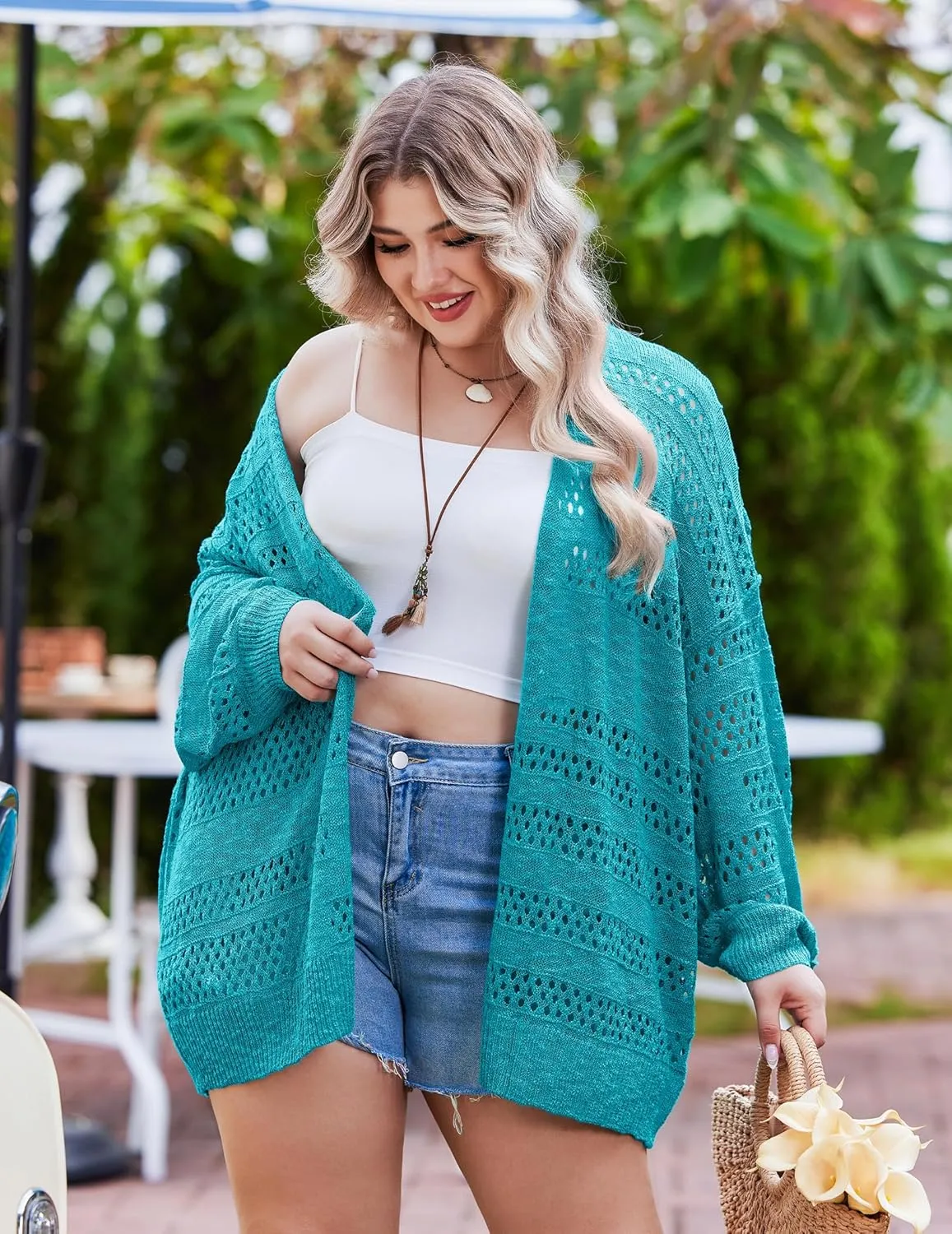 IN'VOLAND Womens Plus Size Crochet Cardigan Kimonos Boho Long Sleeve Oversized Summer Open Front Knitted Sweater