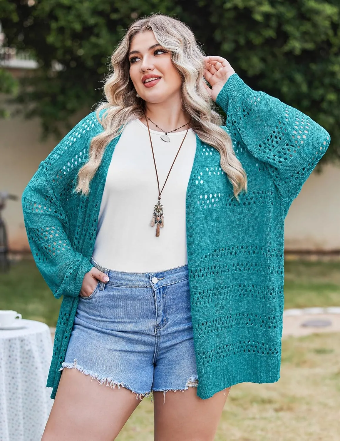 IN'VOLAND Womens Plus Size Crochet Cardigan Kimonos Boho Long Sleeve Oversized Summer Open Front Knitted Sweater