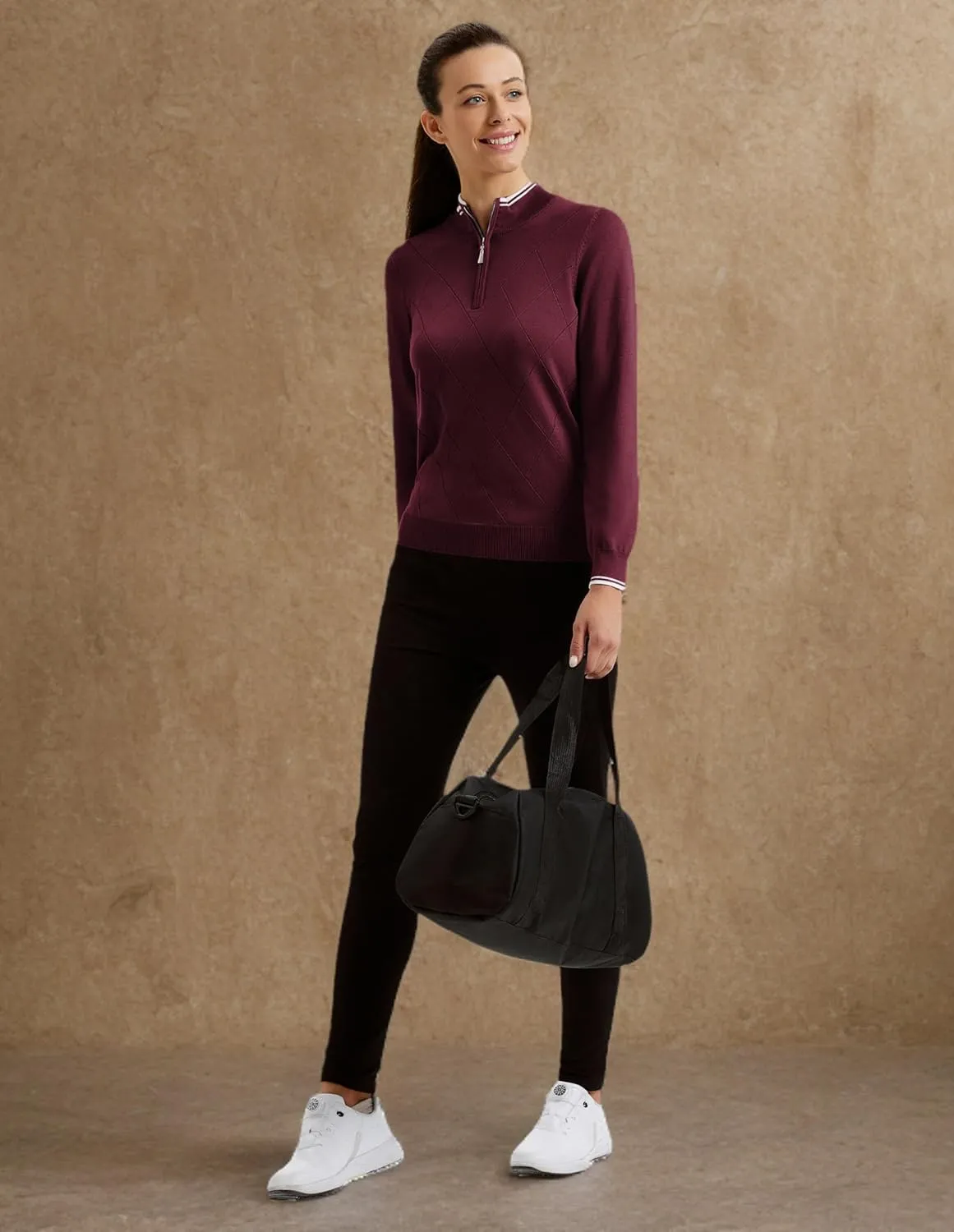 JACK SMITH Pullover Sweaters for Women Long Sleeve Argyle Quarter Zipper Collar Polo Sweater Ribbed Knit Golf Tops