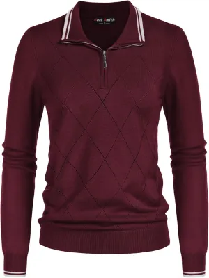 JACK SMITH Pullover Sweaters for Women Long Sleeve Argyle Quarter Zipper Collar Polo Sweater Ribbed Knit Golf Tops