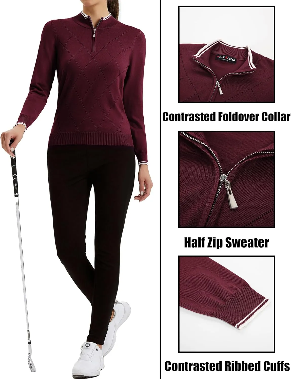 JACK SMITH Pullover Sweaters for Women Long Sleeve Argyle Quarter Zipper Collar Polo Sweater Ribbed Knit Golf Tops