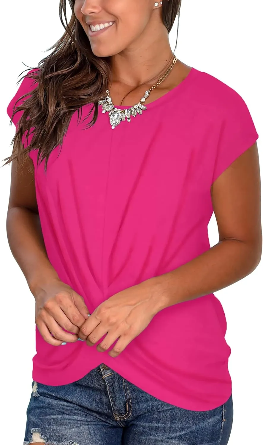 Jescakoo Women's Short Sleeve Round Neck T Shirt Front Twist Tunic Tops Casual Loose Fitted