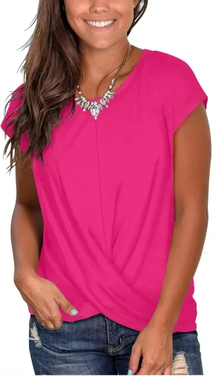 Jescakoo Women's Short Sleeve Round Neck T Shirt Front Twist Tunic Tops Casual Loose Fitted