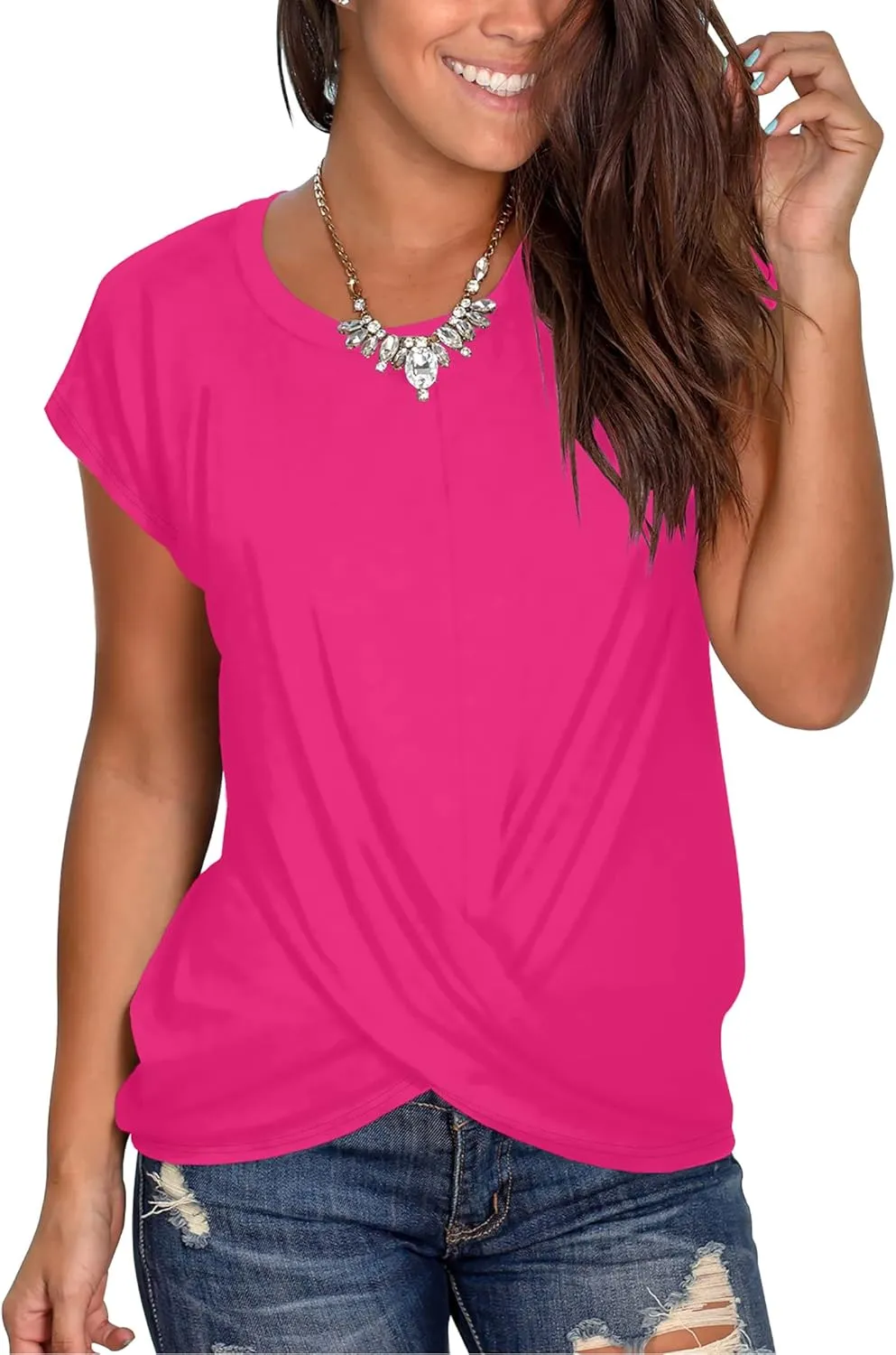 Jescakoo Women's Short Sleeve Round Neck T Shirt Front Twist Tunic Tops Casual Loose Fitted