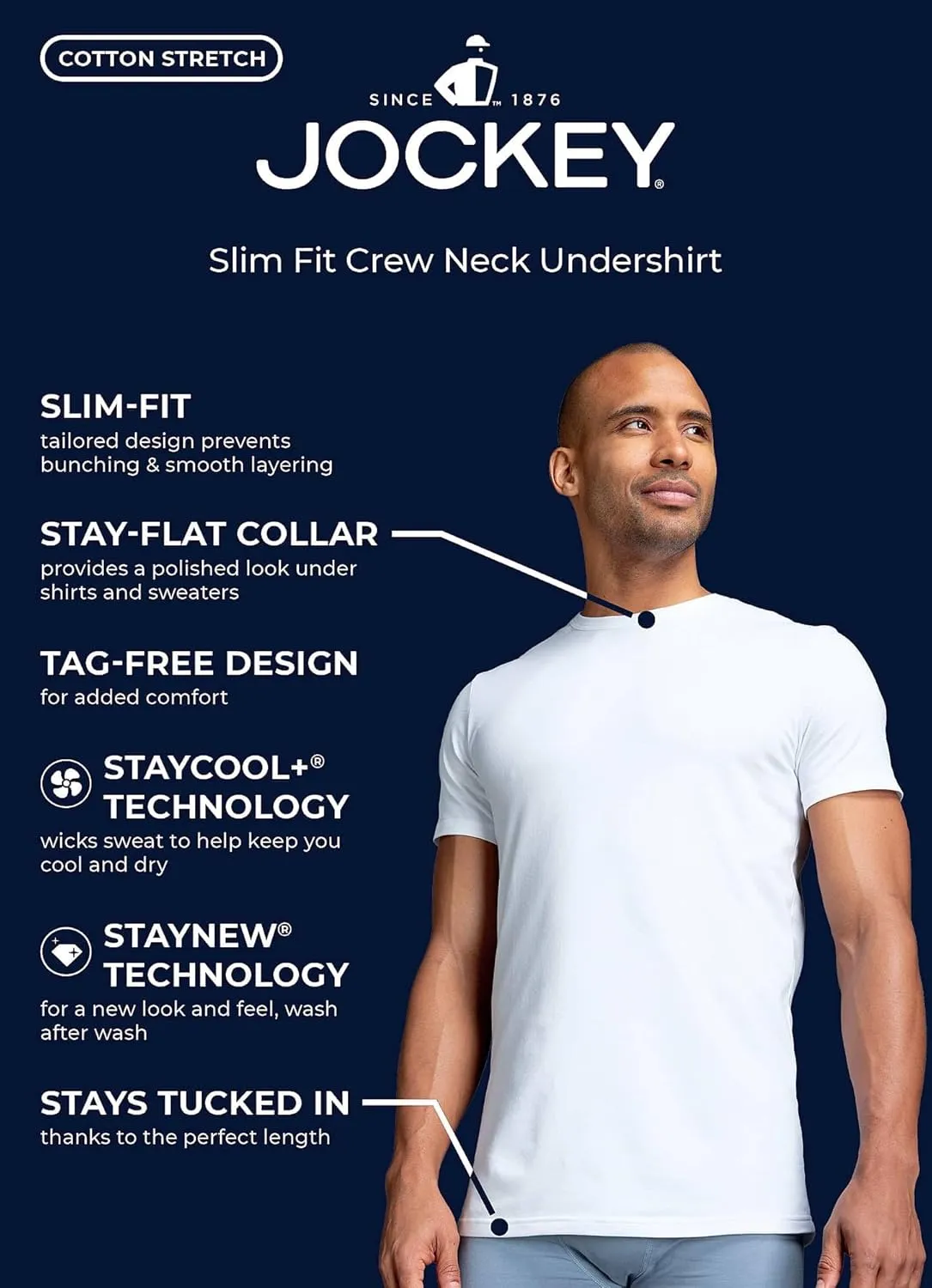Jockey Men's Undershirt Slim Fit Cotton Stretch Crew Neck Undershirt - 2 Pack