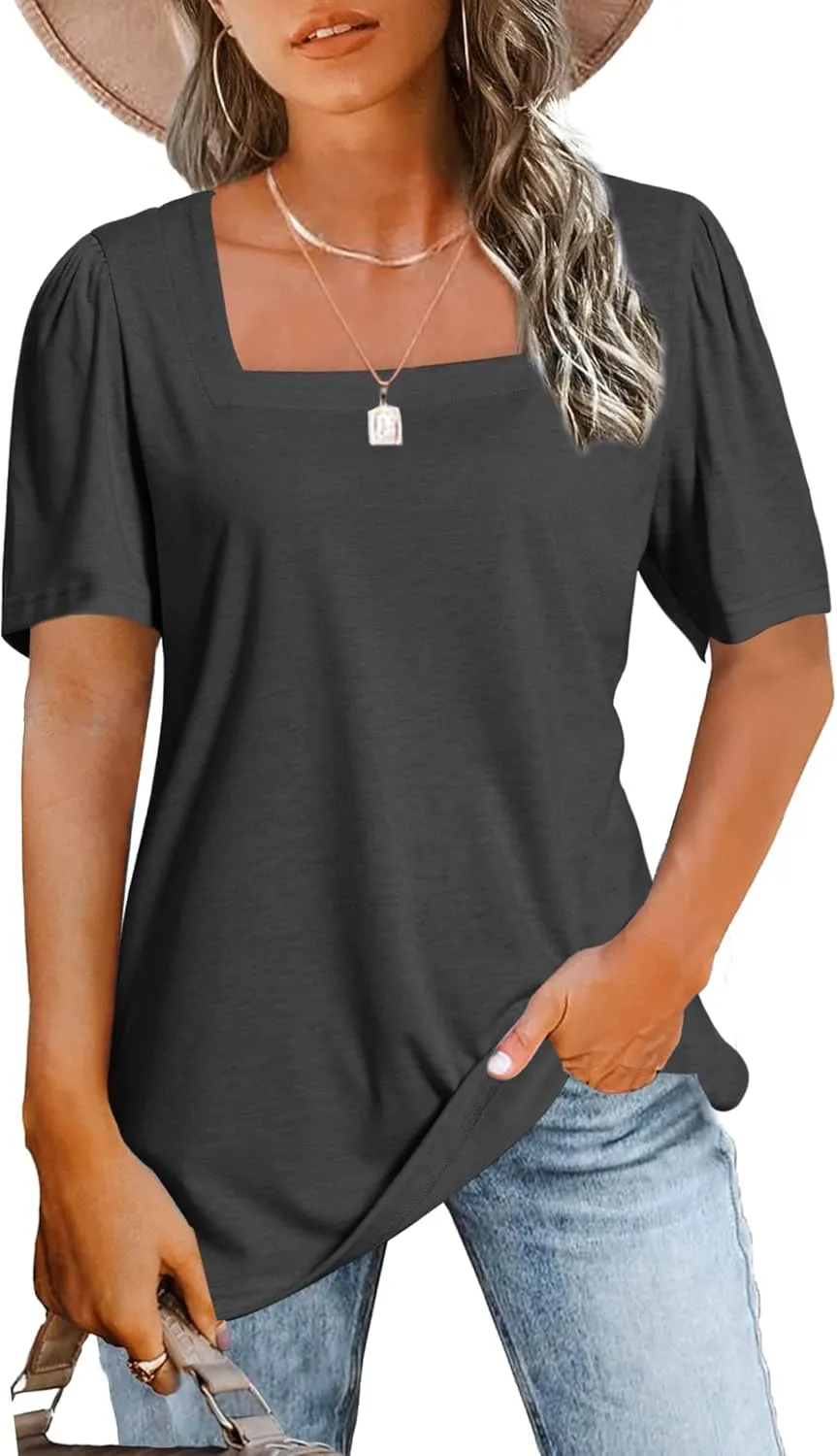 JomeDesign Womens Tops Casual Short Sleeve Square Neck Shirts Puff Sleeve Tshirts Loose Casual Blouse Summer Tee
