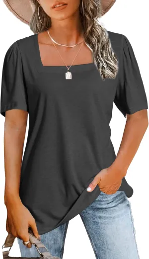JomeDesign Womens Tops Casual Short Sleeve Square Neck Shirts Puff Sleeve Tshirts Loose Casual Blouse Summer Tee
