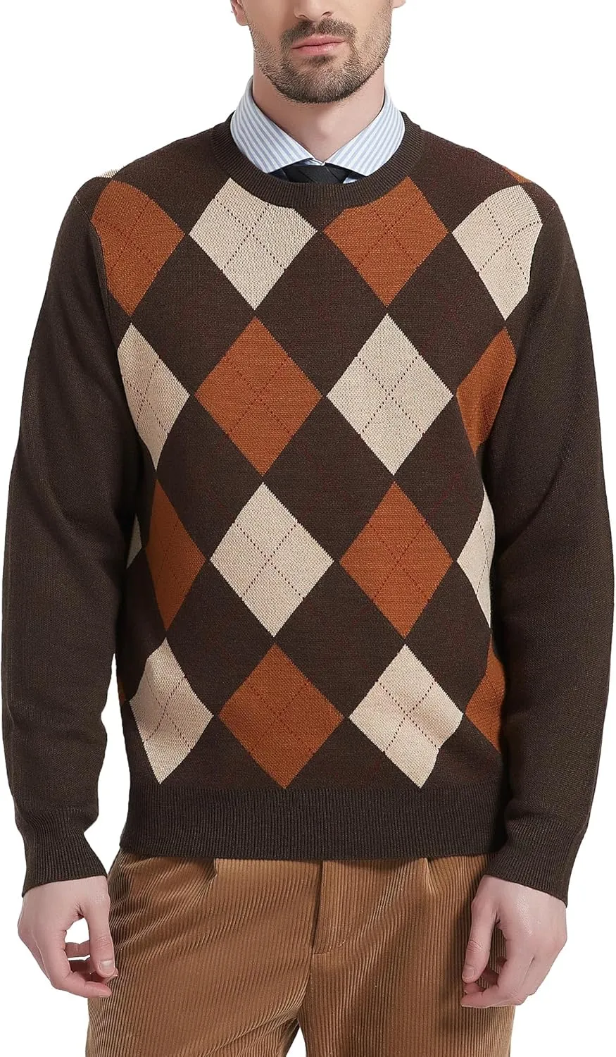 Kallspin Men's Wool Blend Crewneck Sweater Argyle Long Sleeve Pullover Sweater for Casual Or Dressy Wear