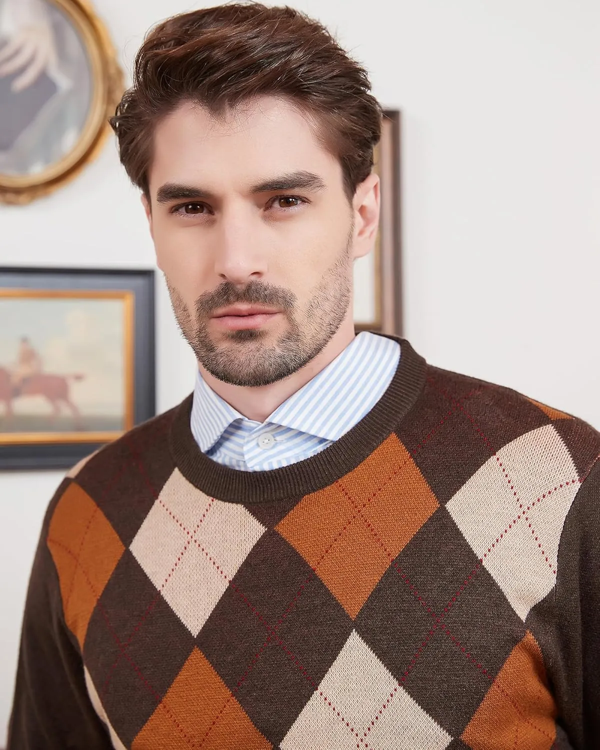 Kallspin Men's Wool Blend Crewneck Sweater Argyle Long Sleeve Pullover Sweater for Casual Or Dressy Wear