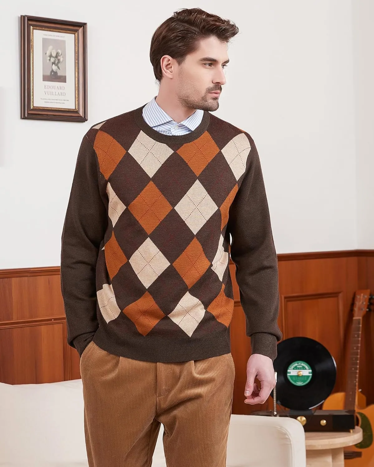 Kallspin Men's Wool Blend Crewneck Sweater Argyle Long Sleeve Pullover Sweater for Casual Or Dressy Wear