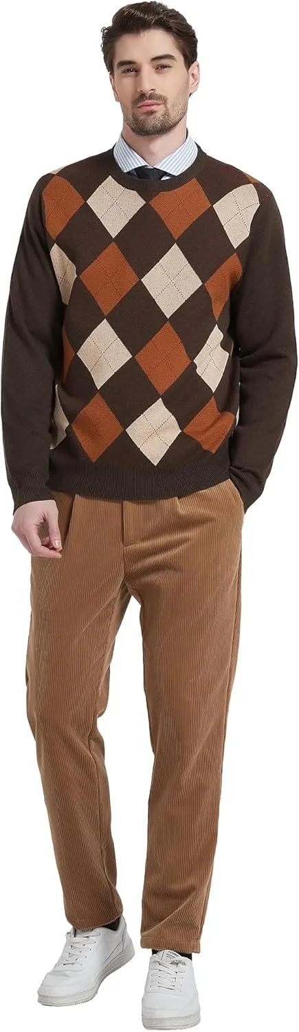 Kallspin Men's Wool Blend Crewneck Sweater Argyle Long Sleeve Pullover Sweater for Casual Or Dressy Wear