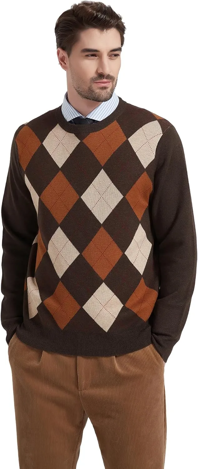 Kallspin Men's Wool Blend Crewneck Sweater Argyle Long Sleeve Pullover Sweater for Casual Or Dressy Wear