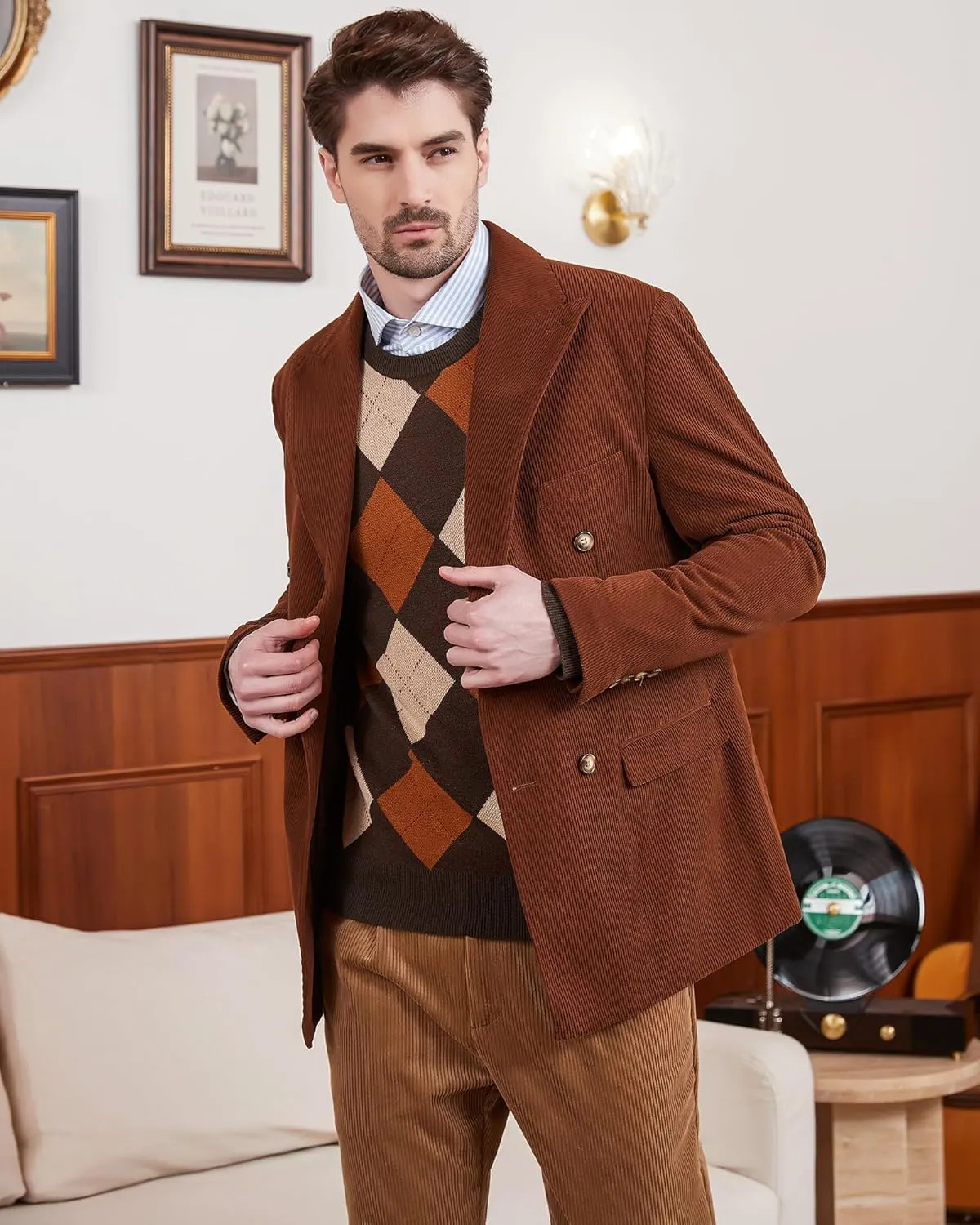Kallspin Men's Wool Blend Crewneck Sweater Argyle Long Sleeve Pullover Sweater for Casual Or Dressy Wear