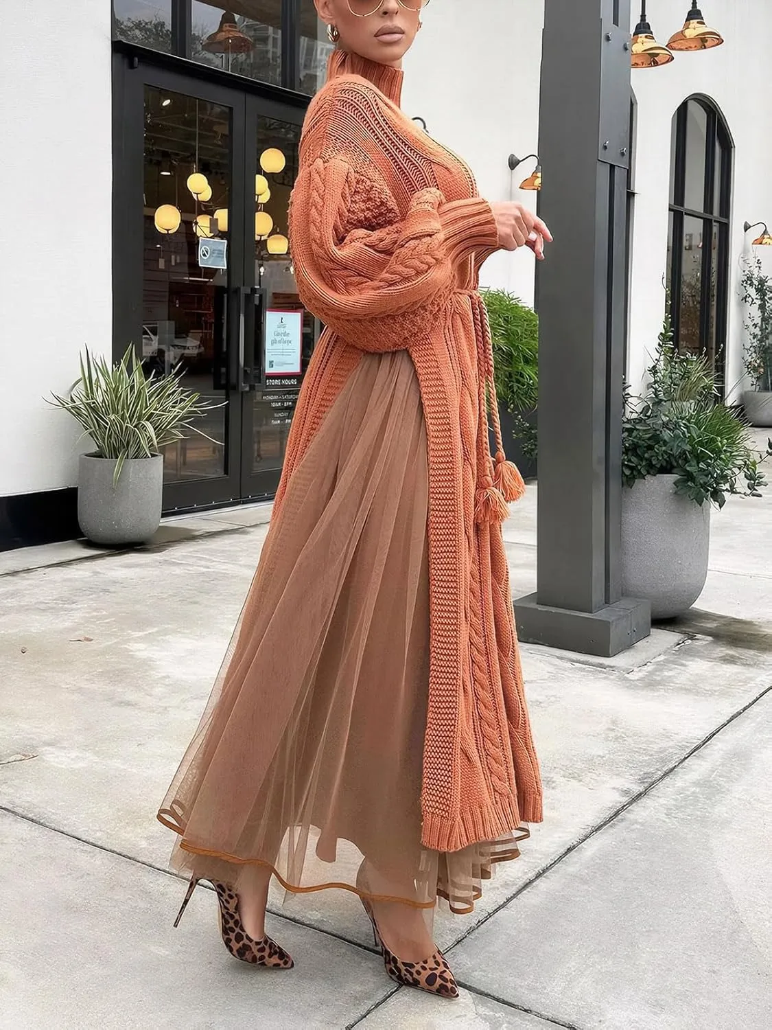 KANSOON Two Piece Fall Outfits for Women Long Lantern Sleeve Slit Sweater Dress and Maxi Tulle Skirt Set with Belt