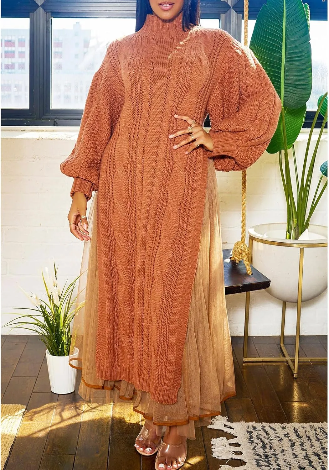 KANSOON Two Piece Fall Outfits for Women Long Lantern Sleeve Slit Sweater Dress and Maxi Tulle Skirt Set with Belt