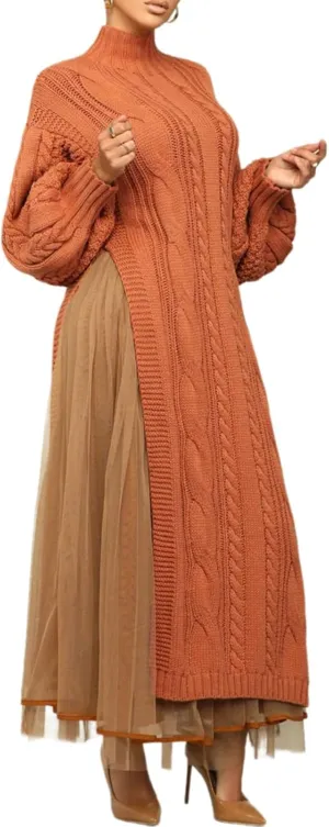 KANSOON Two Piece Fall Outfits for Women Long Lantern Sleeve Slit Sweater Dress and Maxi Tulle Skirt Set with Belt