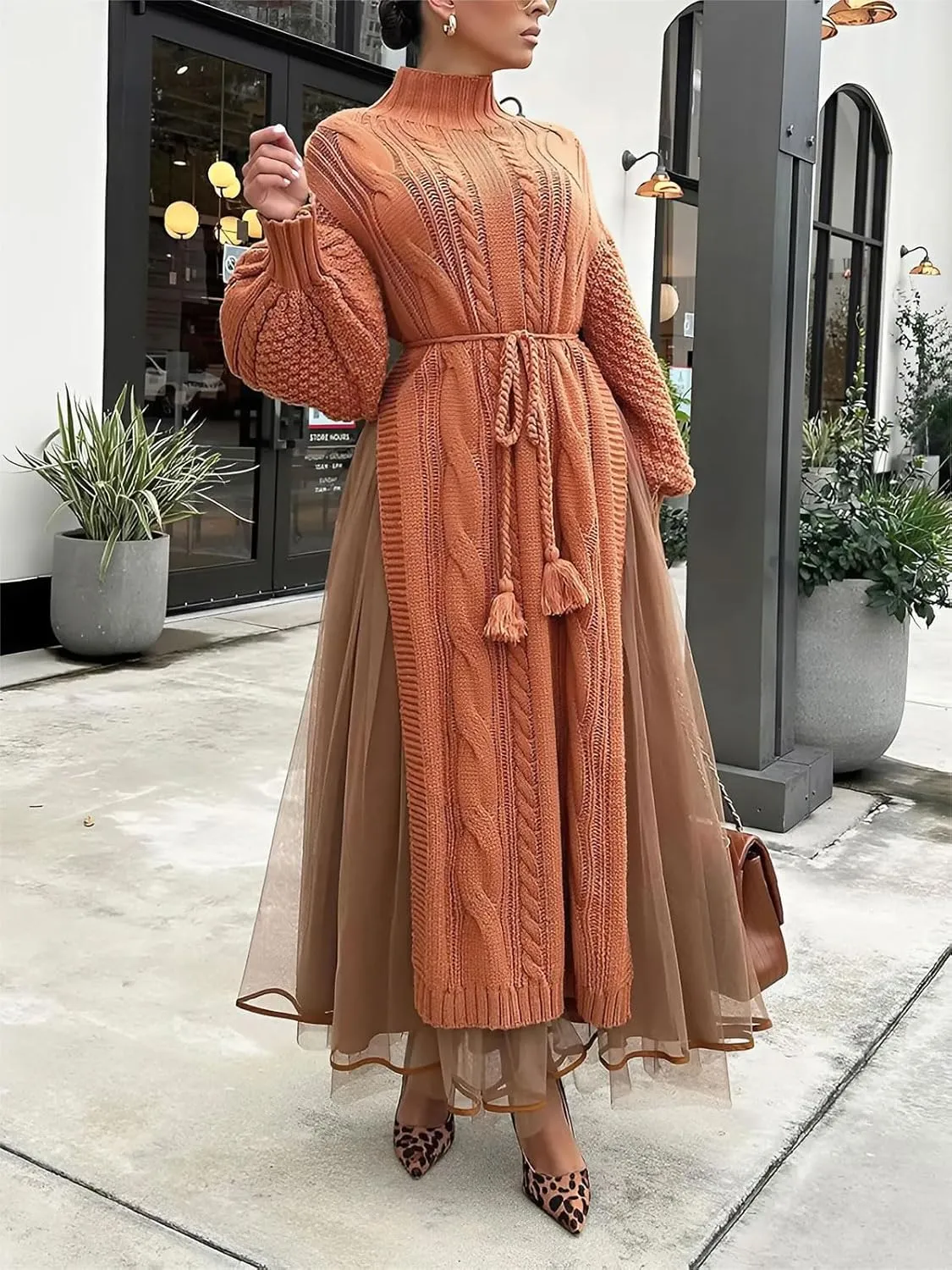 KANSOON Two Piece Fall Outfits for Women Long Lantern Sleeve Slit Sweater Dress and Maxi Tulle Skirt Set with Belt