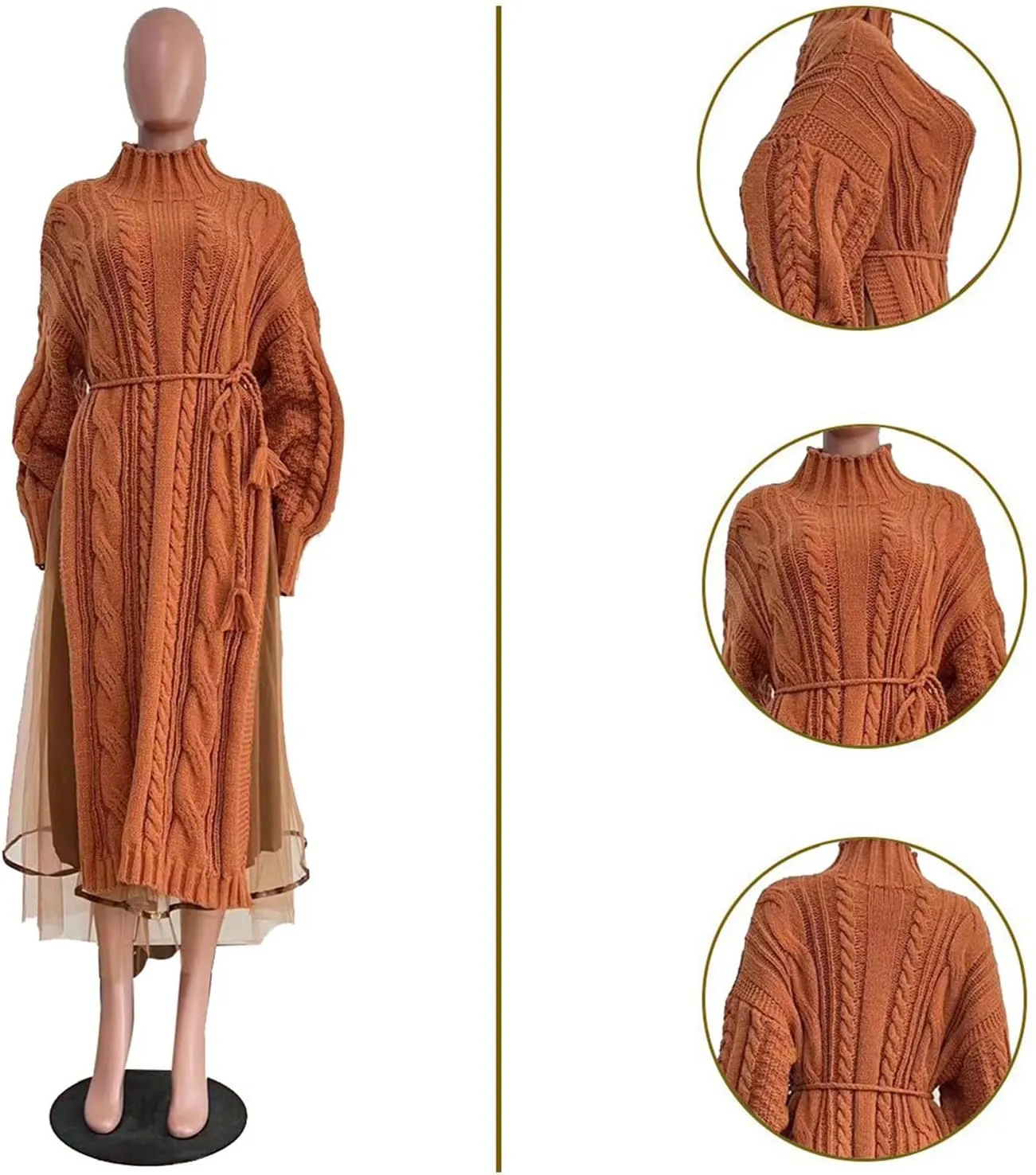 KANSOON Two Piece Fall Outfits for Women Long Lantern Sleeve Slit Sweater Dress and Maxi Tulle Skirt Set with Belt